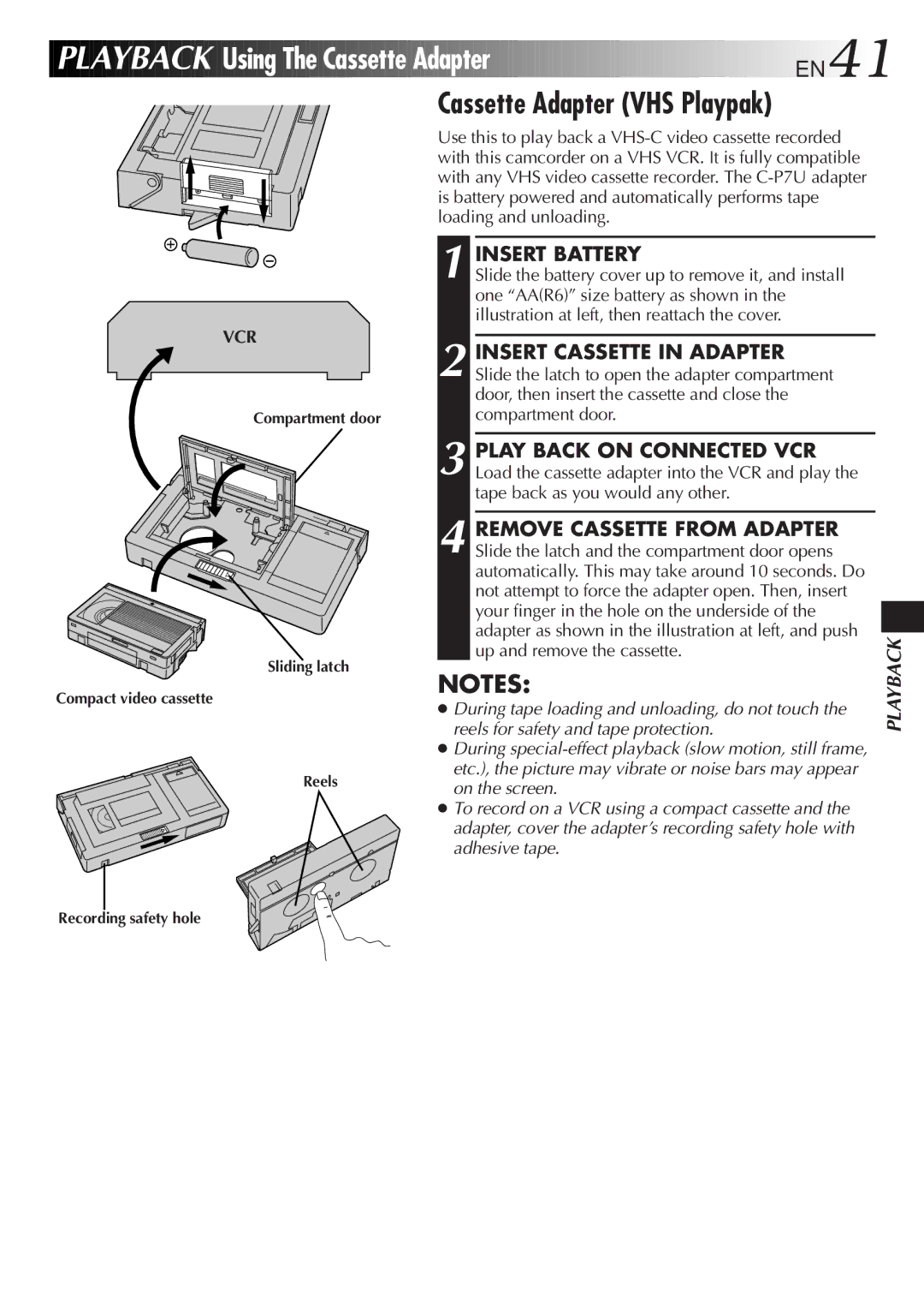 JVC GR-AX657UM, GR-AX957UM, GR-AX857UM manual Using The Cassette Adapter EN41, Cassette Adapter VHS Playpak, Insert Battery 