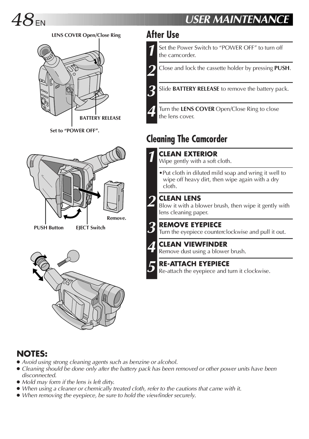 JVC GR-AX957UM, GR-AX857UM, GR-AX657UM After Use, Cleaning The Camcorder, Clean Lens, Remove Eyepiece, RE-ATTACH Eyepiece 