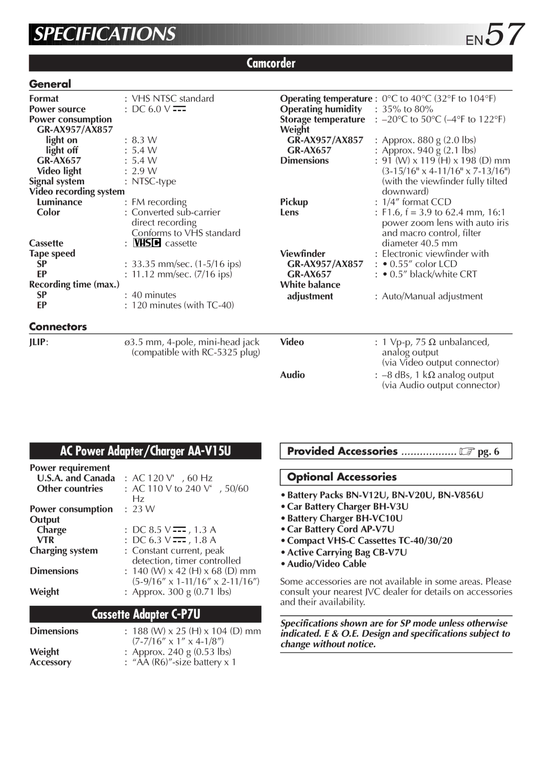 JVC GR-AX957UM, GR-AX857UM, GR-AX657UM manual General, Connectors, Provided Accessories Optional Accessories 