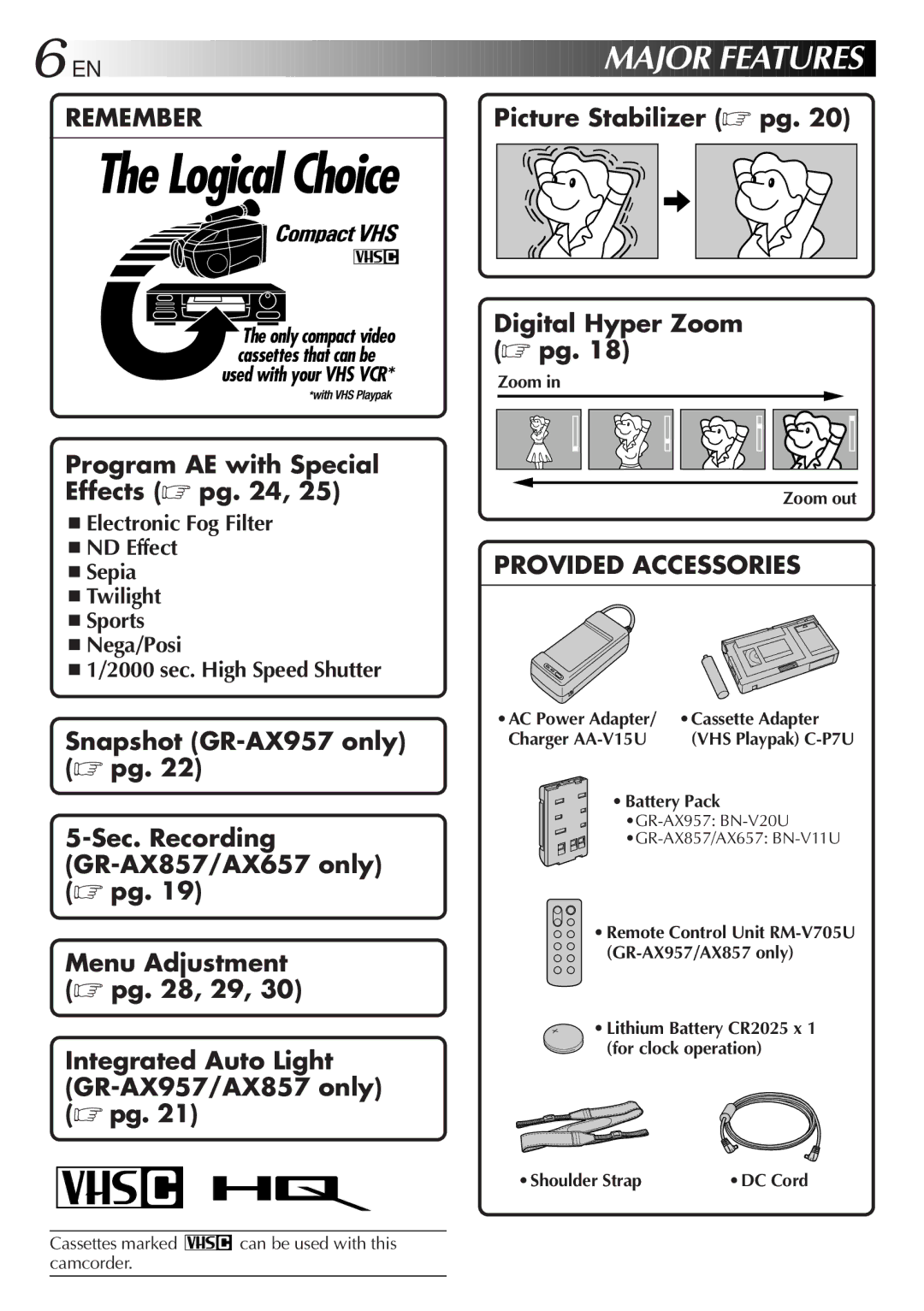 JVC GR-AX957UM, GR-AX857UM, GR-AX657UM Cassettes marked can be used with this camcorder, Zoom out, Cassette Adapter 