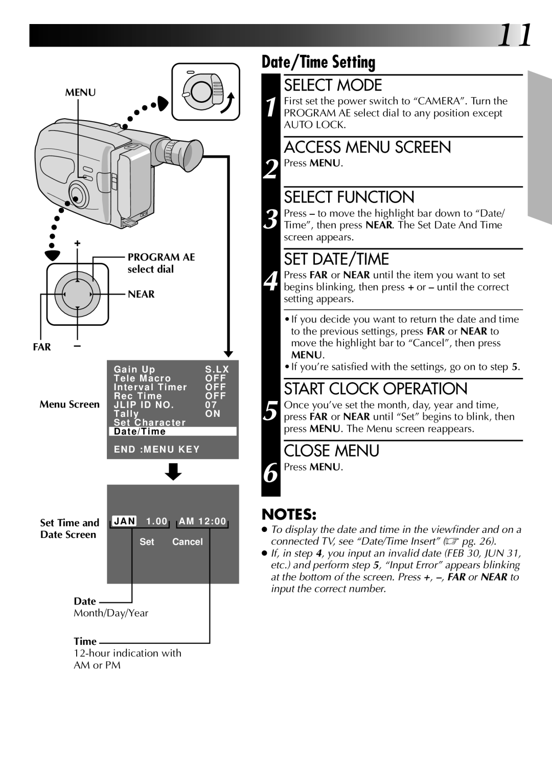 JVC GR-AX96 manual Start Clock Operation, Close Menu, Near 