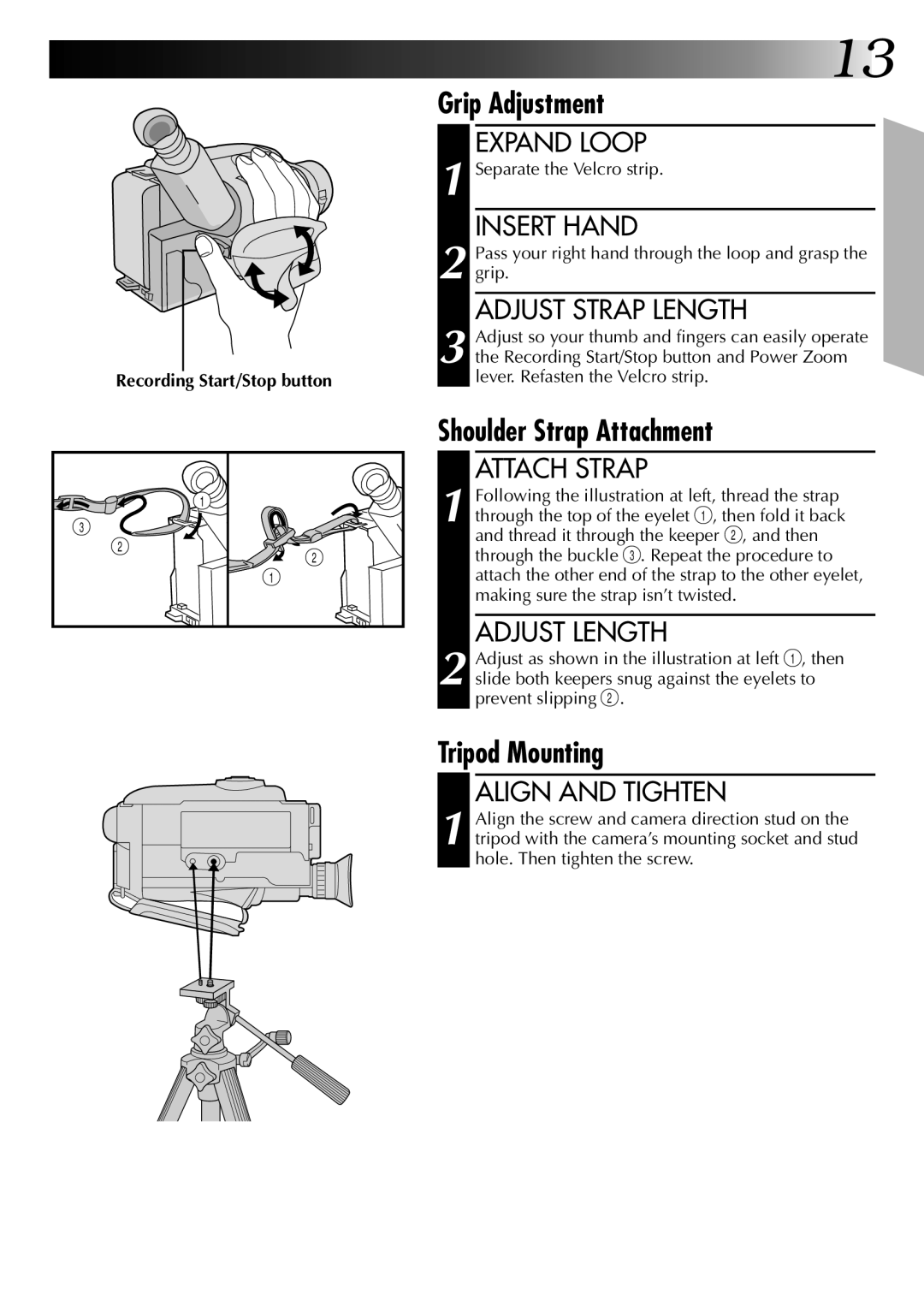 JVC GR-AX96 manual Grip Adjustment, Shoulder Strap Attachment, Tripod Mounting 