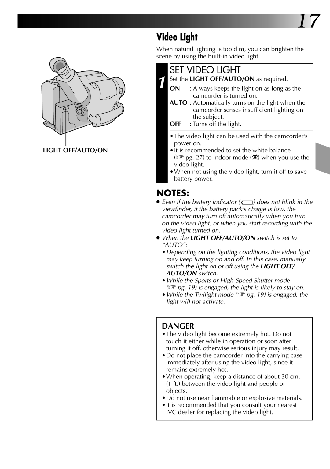 JVC GR-AX96 manual SET Video Light, JVC dealer for replacing the video light 