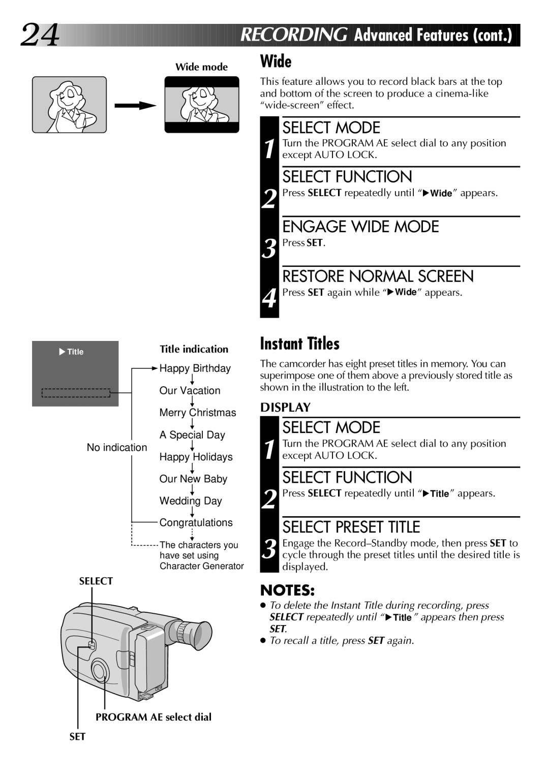 JVC GR-AX96 manual Instant Titles, Engage Wide Mode, Restore Normal Screen, Select Preset Title 