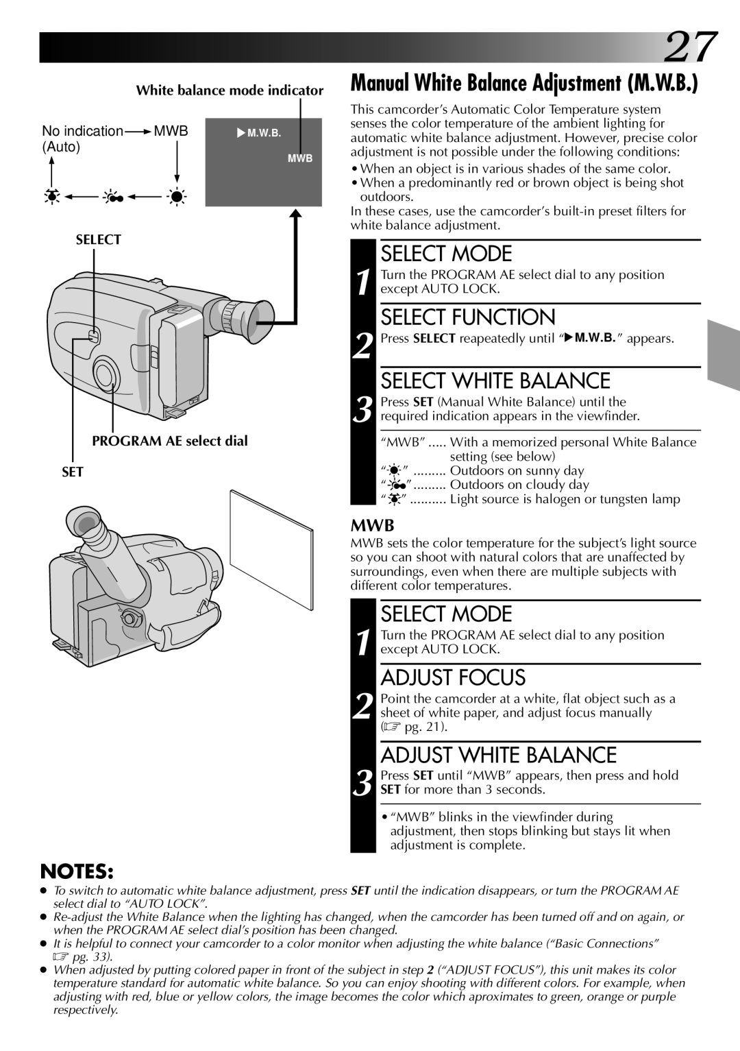 JVC GR-AX96 manual Select White Balance, Adjust Focus, Adjust White Balance, White balance mode indicator 