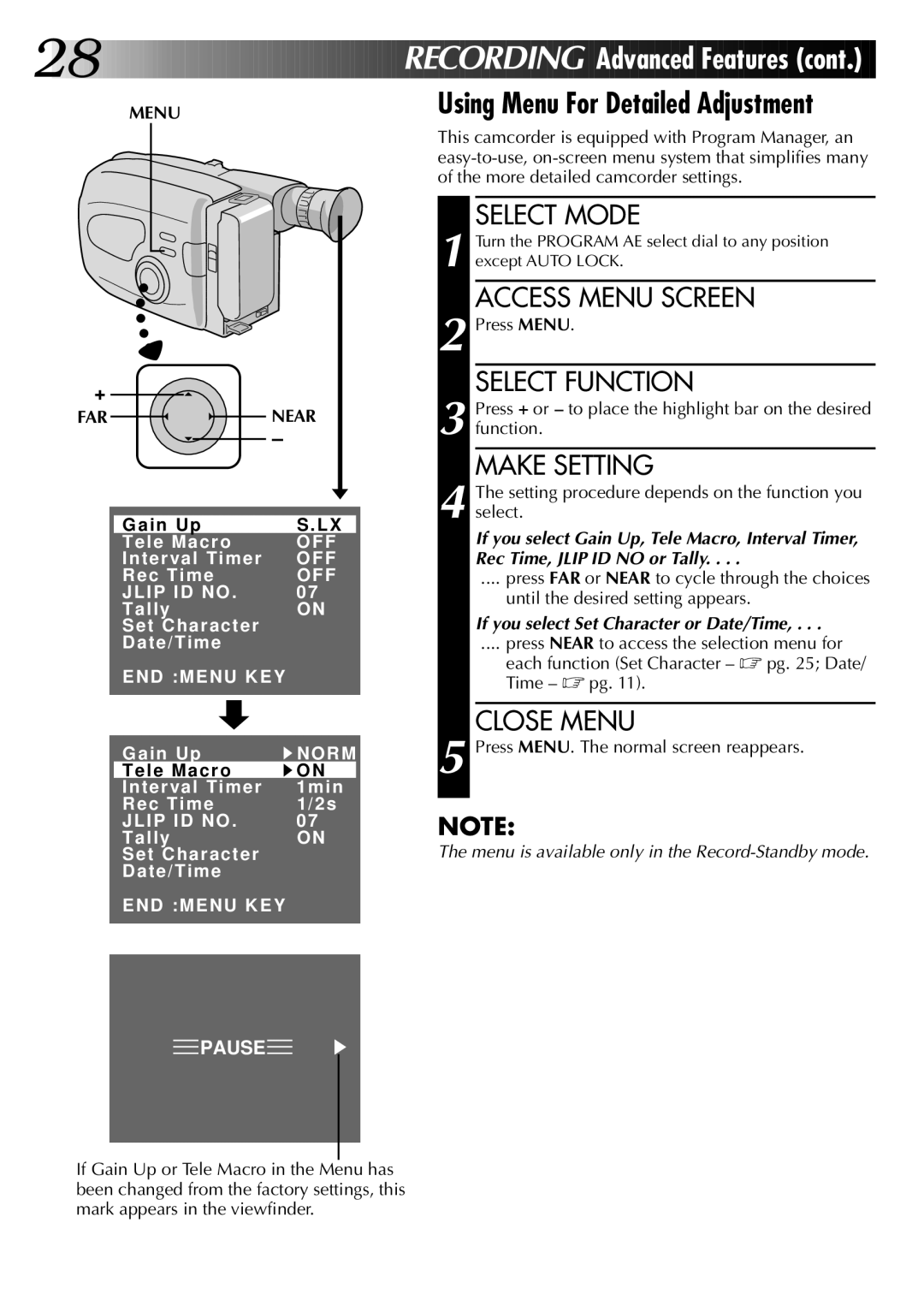 JVC GR-AX96 Using Menu For Detailed Adjustment, Access Menu Screen, Make Setting, Press MENU. The normal screen reappears 