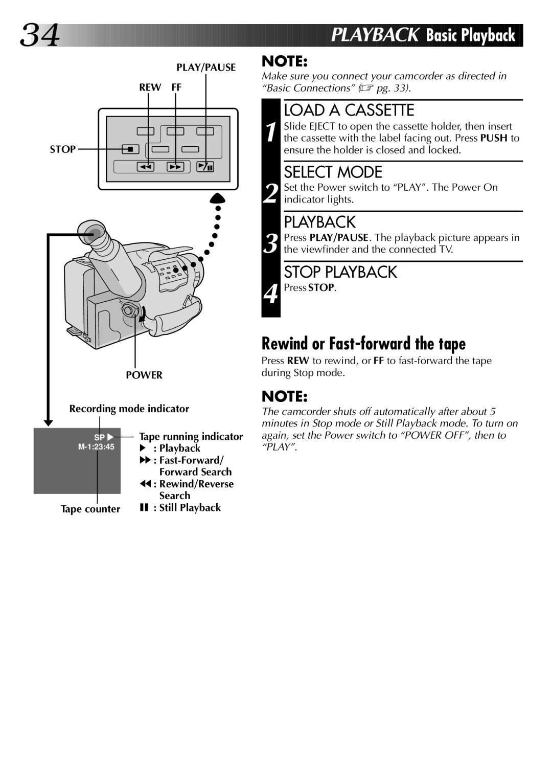 JVC GR-AX96 manual Rewind or Fast-forward the tape, Load a Cassette, Stop Playback, PLAY/PAUSE REW FF Stop Power 