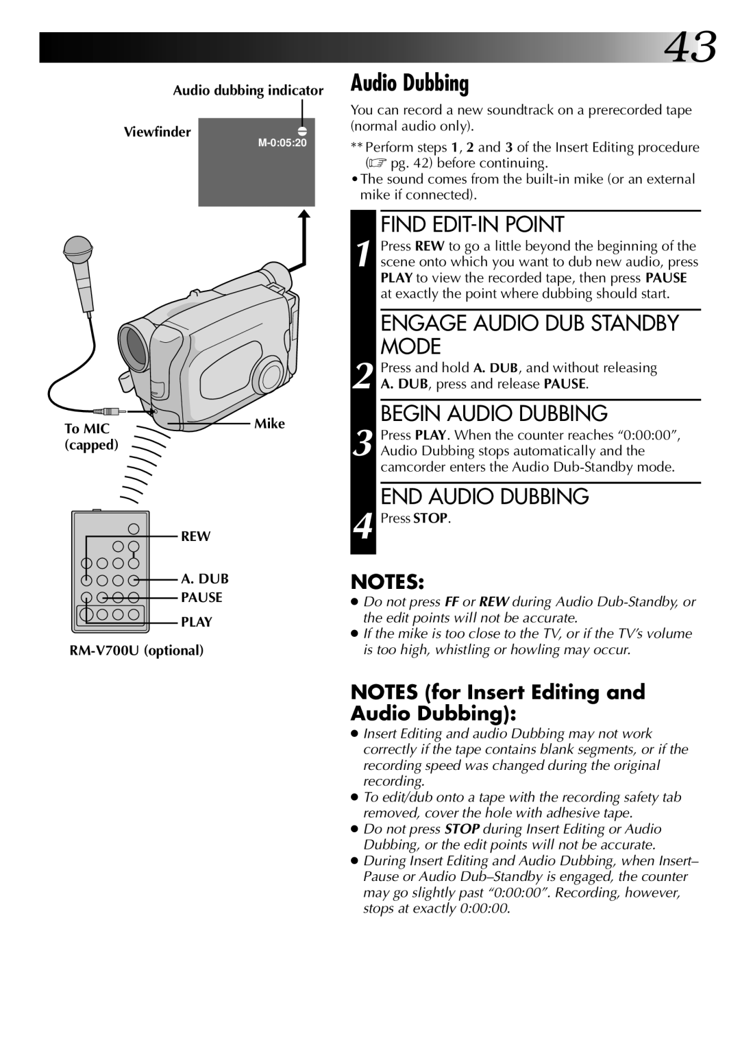 JVC GR-AX96 manual Audio dubbing indicator Viewfindere, To MIC, Capped, Dub, Pause Play 