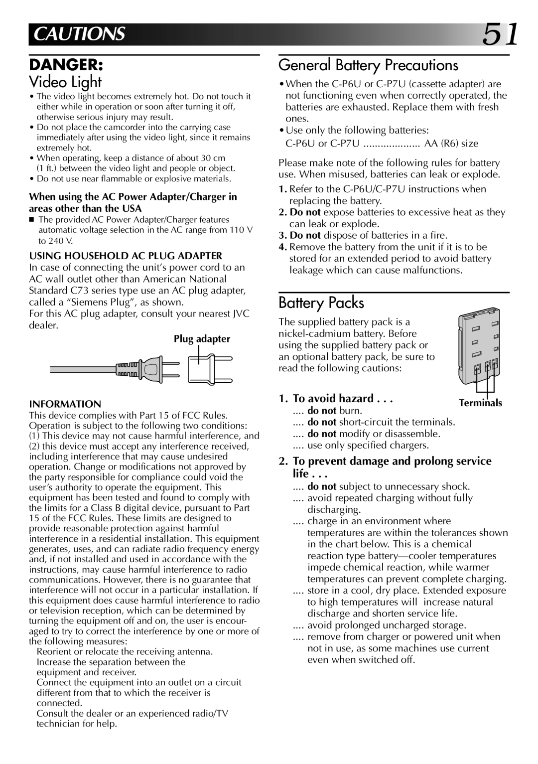 JVC GR-AX96 manual Using Household AC Plug Adapter, Plug adapter, Information, Do not burn 