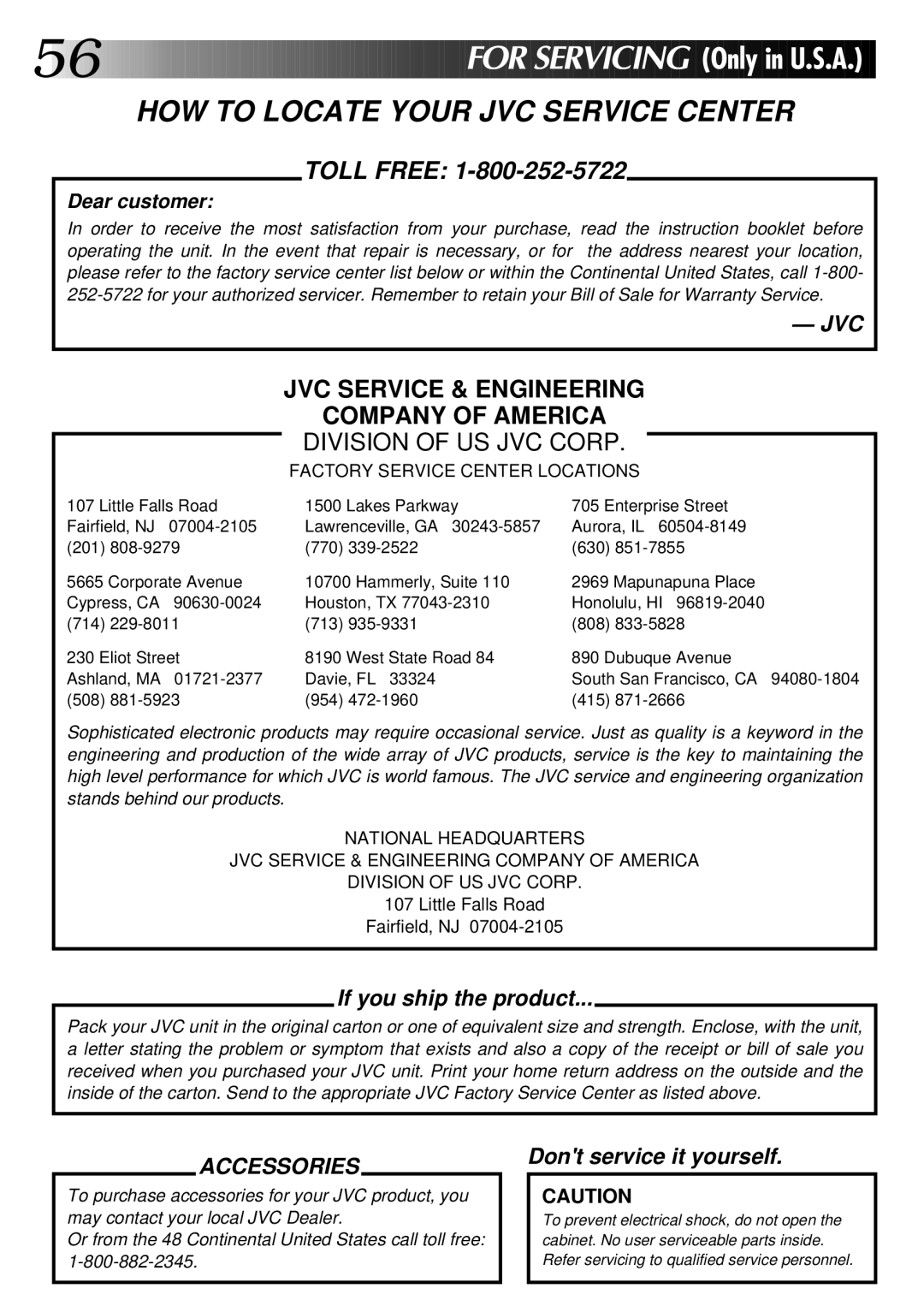 JVC GR-AX96 manual HOW to Locate Your JVC Service Center 