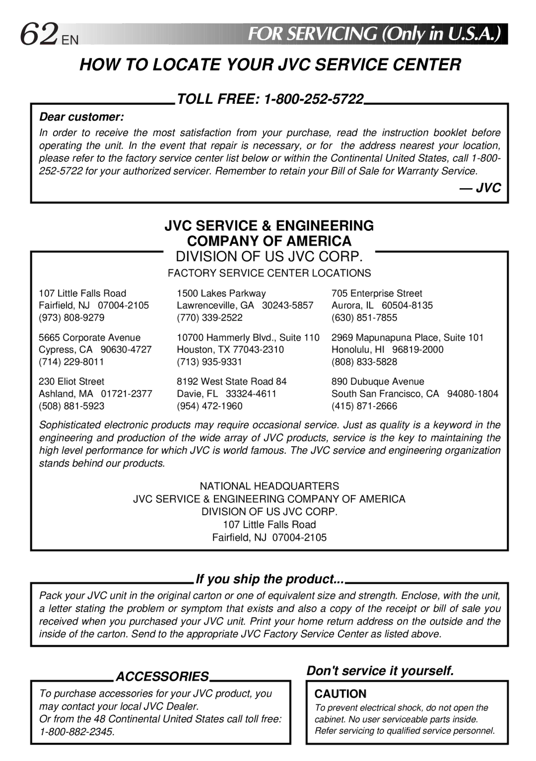 JVC GR-AX97 manual EN for Servicing Only in U.S.A, HOW to Locate Your JVC Service Center 