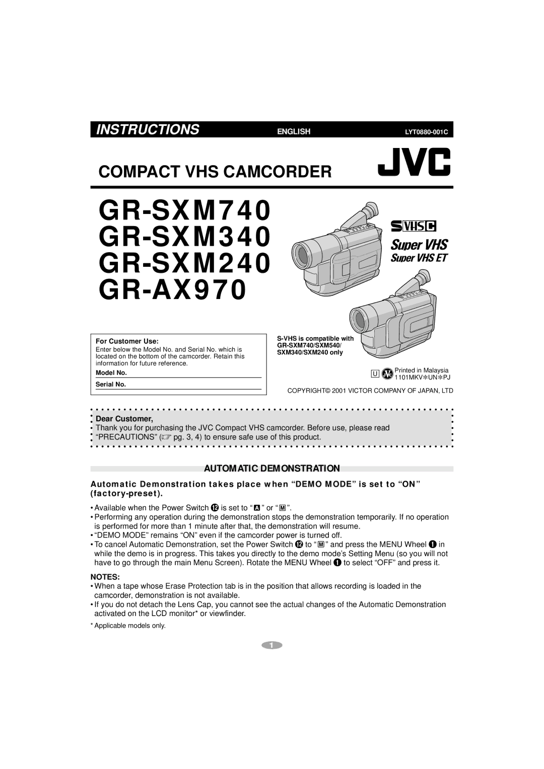 JVC GR-SXM340, GR-AX970, GR-SXM240, GR-SXM740, SXM540, S-VHS manual Automatic Demonstration, Dear Customer, For Customer Use 