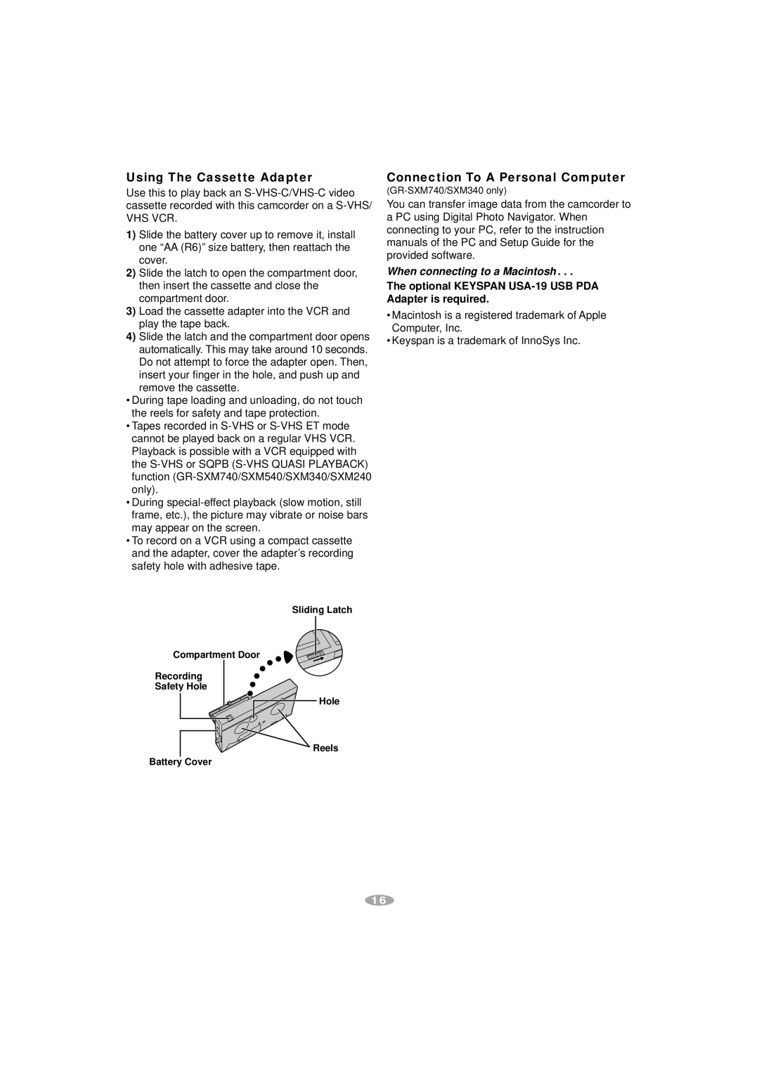 JVC GR-AX970, GR-SXM340, GR-SXM240, GR-SXM740, SXM540, S-VHS Using The Cassette Adapter, Connection To a Personal Computer 