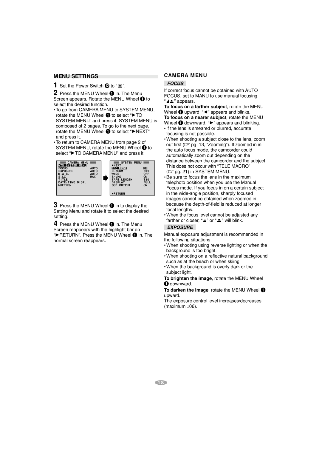 JVC GR-SXM240, GR-AX970, GR-SXM340, GR-SXM740, SXM540, S-VHS manual Menu Settings, Camera Menu 