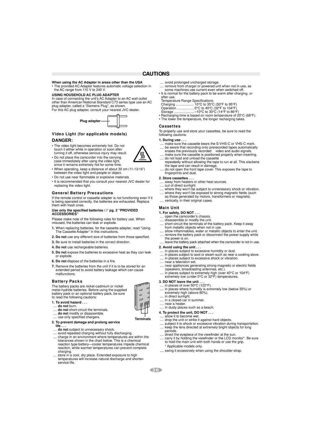 JVC GR-SXM240, SXM540 Video Light for applicable models, General Battery Precautions, Battery Packs, Cassettes, Main Unit 