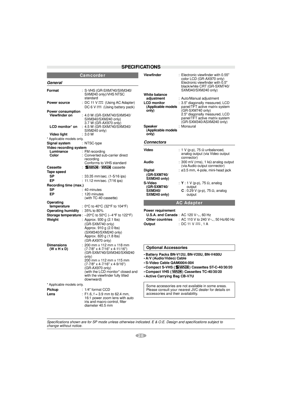 JVC SXM540, GR-AX970, GR-SXM340, GR-SXM240, GR-SXM740, S-VHS manual Specifications, Optional Accessories 