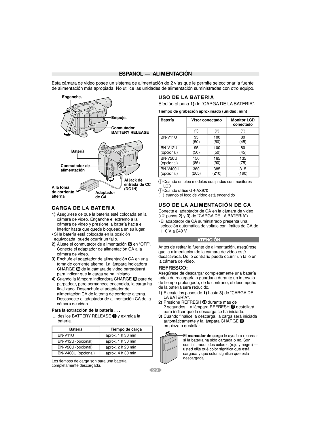 JVC S-VHS, GR-AX970 Español Alimentación, Carga DE LA Bateria, USO DE LA Bateria, USO DE LA Alimentación DE CA, Refresco 