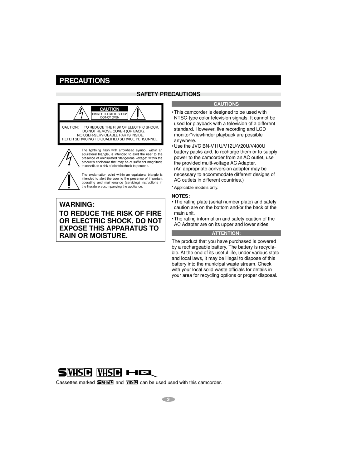 JVC GR-SXM740, GR-AX970, GR-SXM340, GR-SXM240, SXM540, S-VHS manual Safety Precautions 