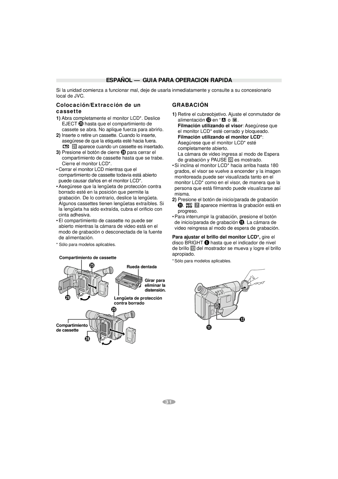 JVC GR-AX970, GR-SXM340, GR-SXM240 Español Guia Para Operacion Rapida, Colocación/Extracción de un cassette, Grabación 