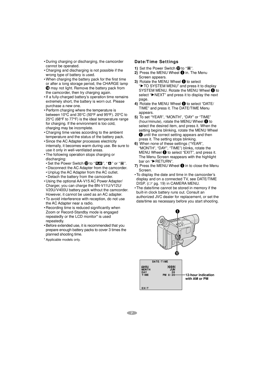 JVC GR-AX970, GR-SXM340, GR-SXM240, GR-SXM740, SXM540, S-VHS manual Date/Time Settings, With AM or PM 