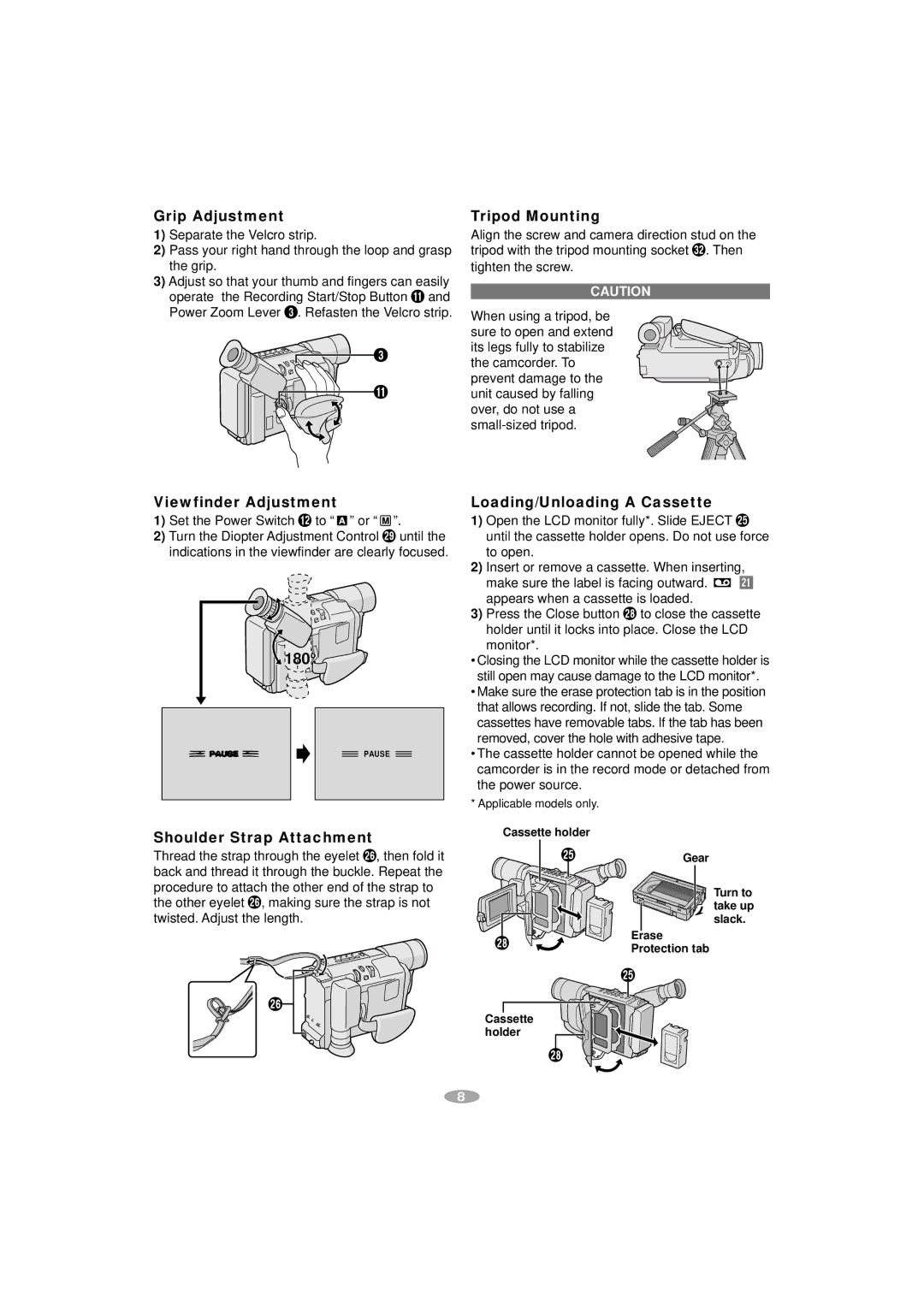 JVC GR-AX970, GR-SXM340, SXM540 Grip Adjustment, Viewfinder Adjustment, 180, Tripod Mounting, Loading/Unloading a Cassette 