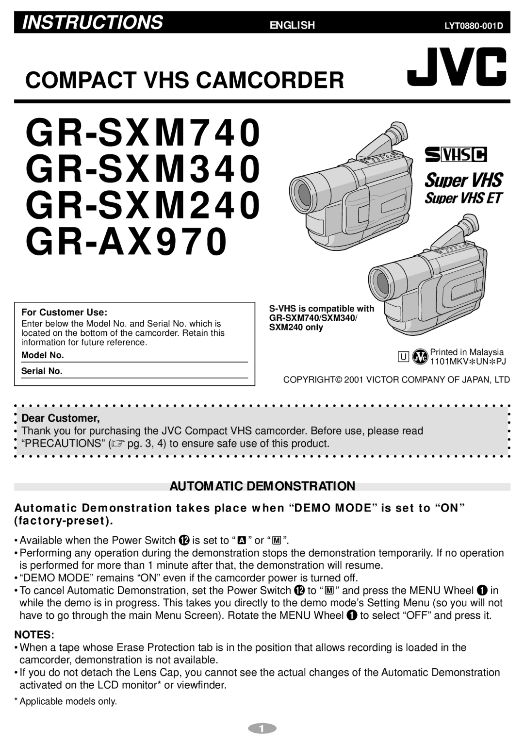 JVC GR-SXM340, GR-AX970, GR-SXM240 manual Automatic Demonstration, Dear Customer, For Customer Use 