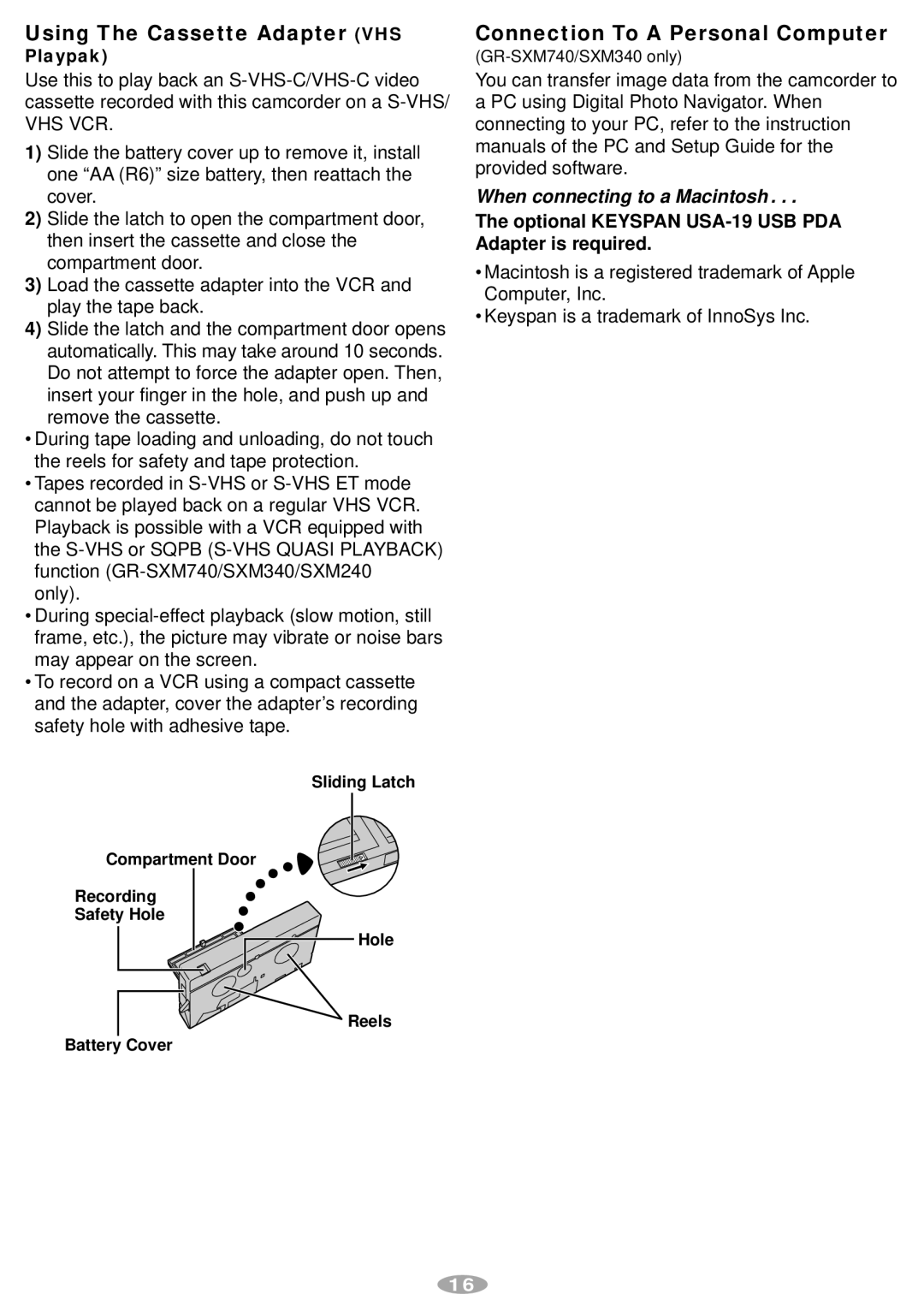 JVC GR-SXM340, GR-AX970, GR-SXM240 manual Using The Cassette Adapter VHS, Connection To a Personal Computer, Playpak 