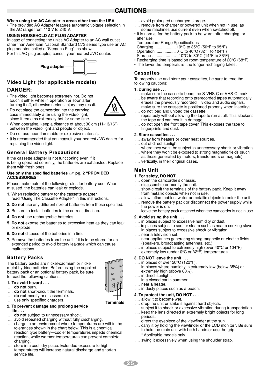 JVC GR-SXM340 manual Video Light for applicable models, General Battery Precautions, Battery Packs, Cassettes, Main Unit 