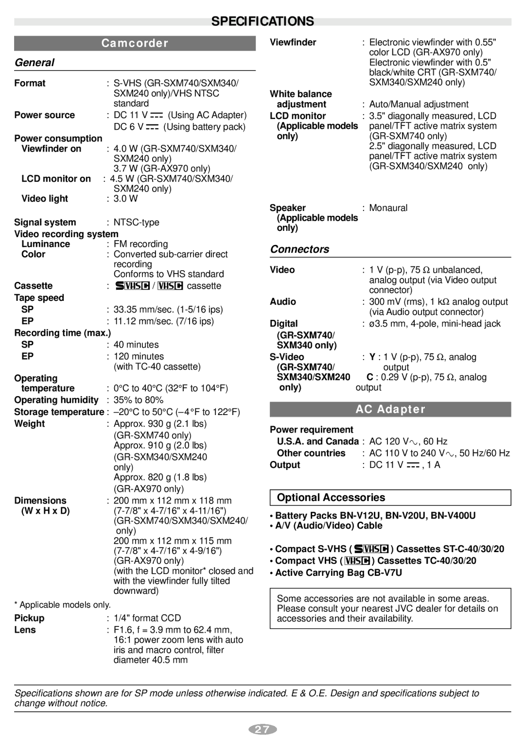 JVC GR-AX970, GR-SXM340, GR-SXM240 manual Specifications, Optional Accessories 