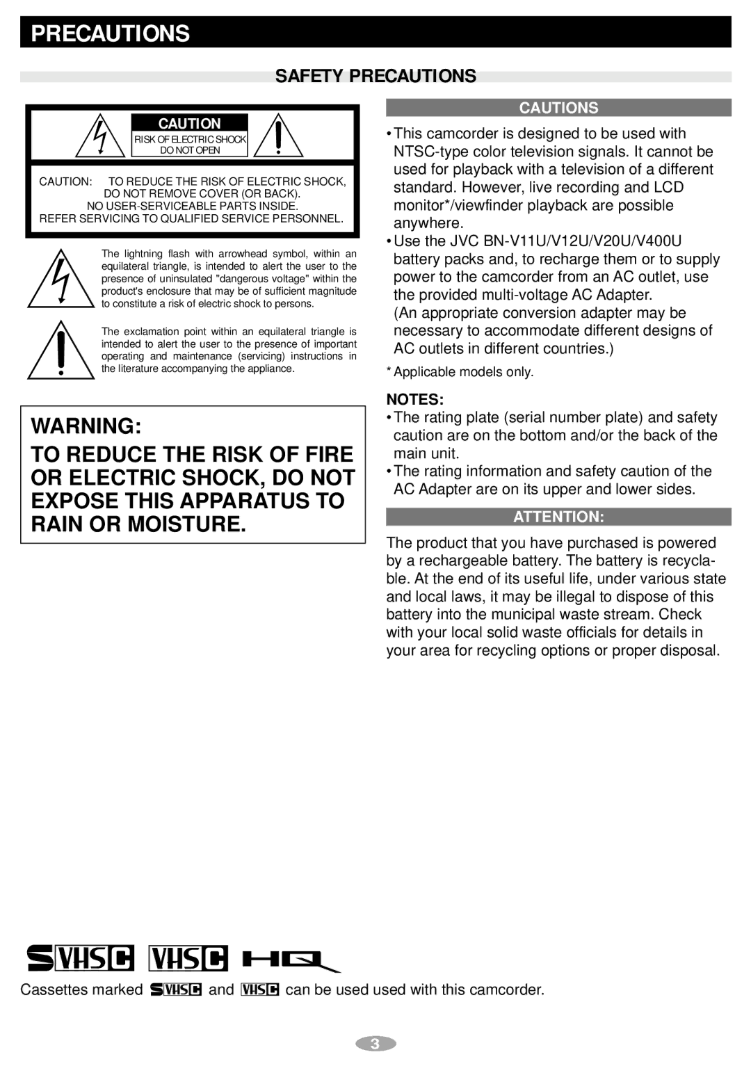 JVC GR-AX970, GR-SXM340, GR-SXM240 manual Safety Precautions 