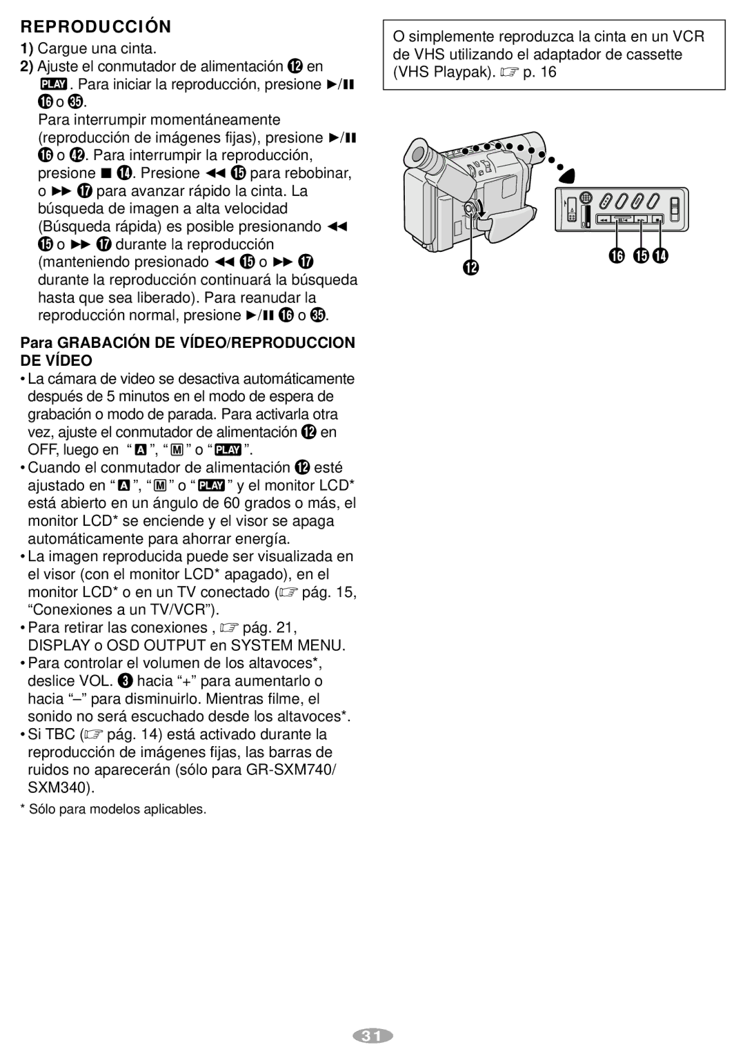 JVC GR-SXM340, GR-AX970, GR-SXM240 manual Reproducción, Para Grabació N DE VÍDEO/REPRODUCCION DE Vídeo 