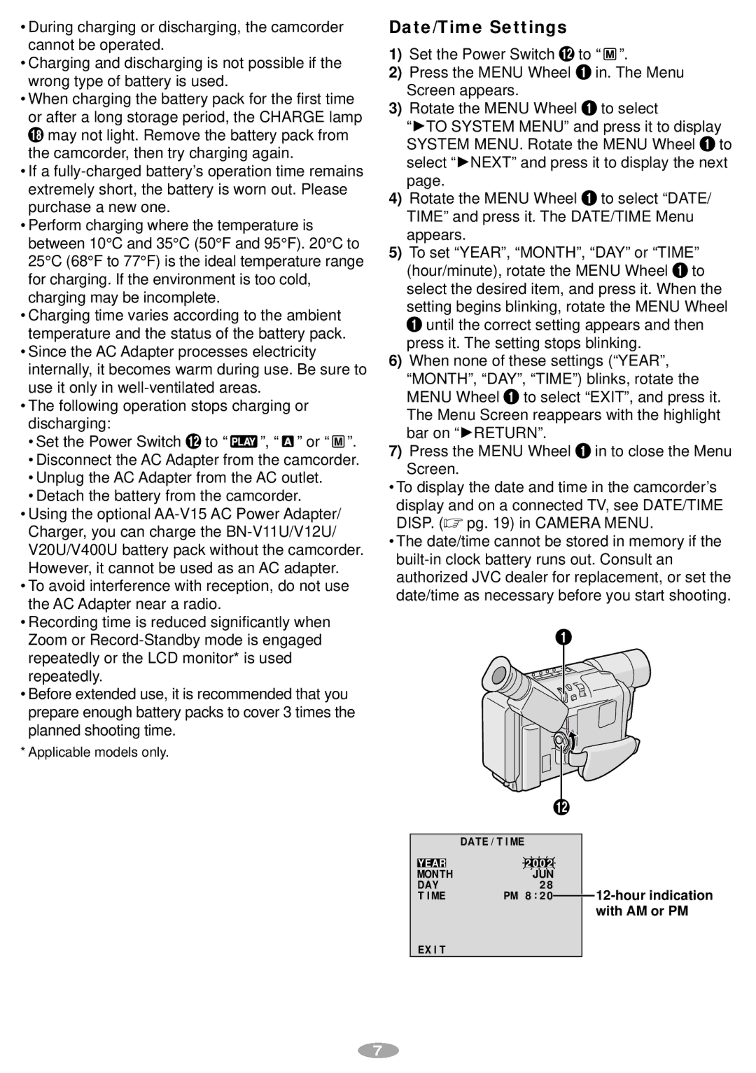 JVC GR-SXM340, GR-AX970, GR-SXM240 manual Date/Time Settings, With AM or PM 