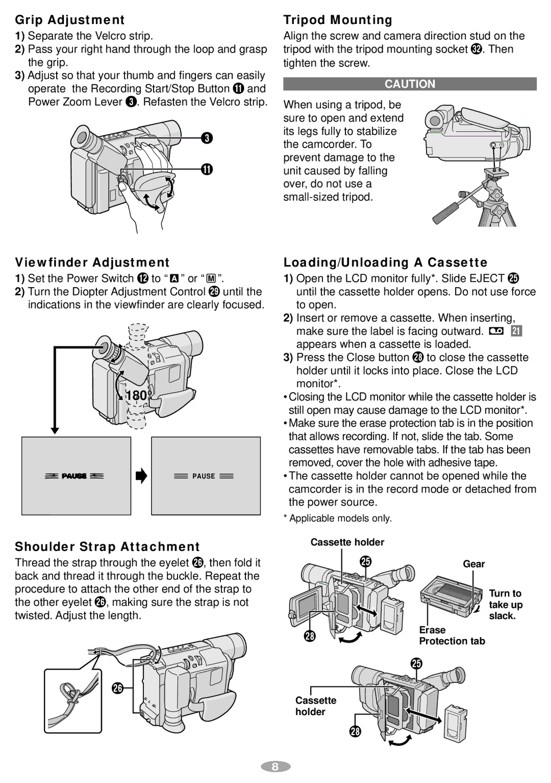 JVC GR-SXM240, GR-AX970 manual Grip Adjustment, Viewfinder Adjustment, 180, Tripod Mounting, Loading/Unloading a Cassette 