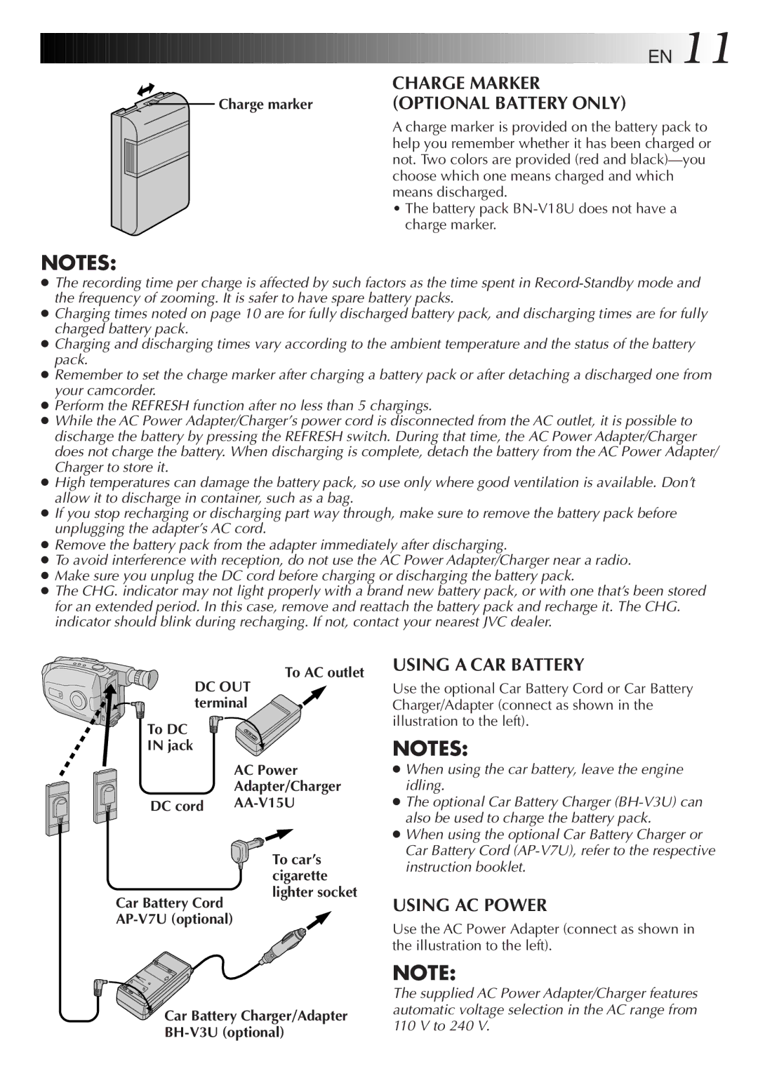 JVC LYT0108-001A manual Charge marker, To AC outlet DC OUT terminal To DC Jack AC Power, DC cord AA-V15U, AP-V7U optional 