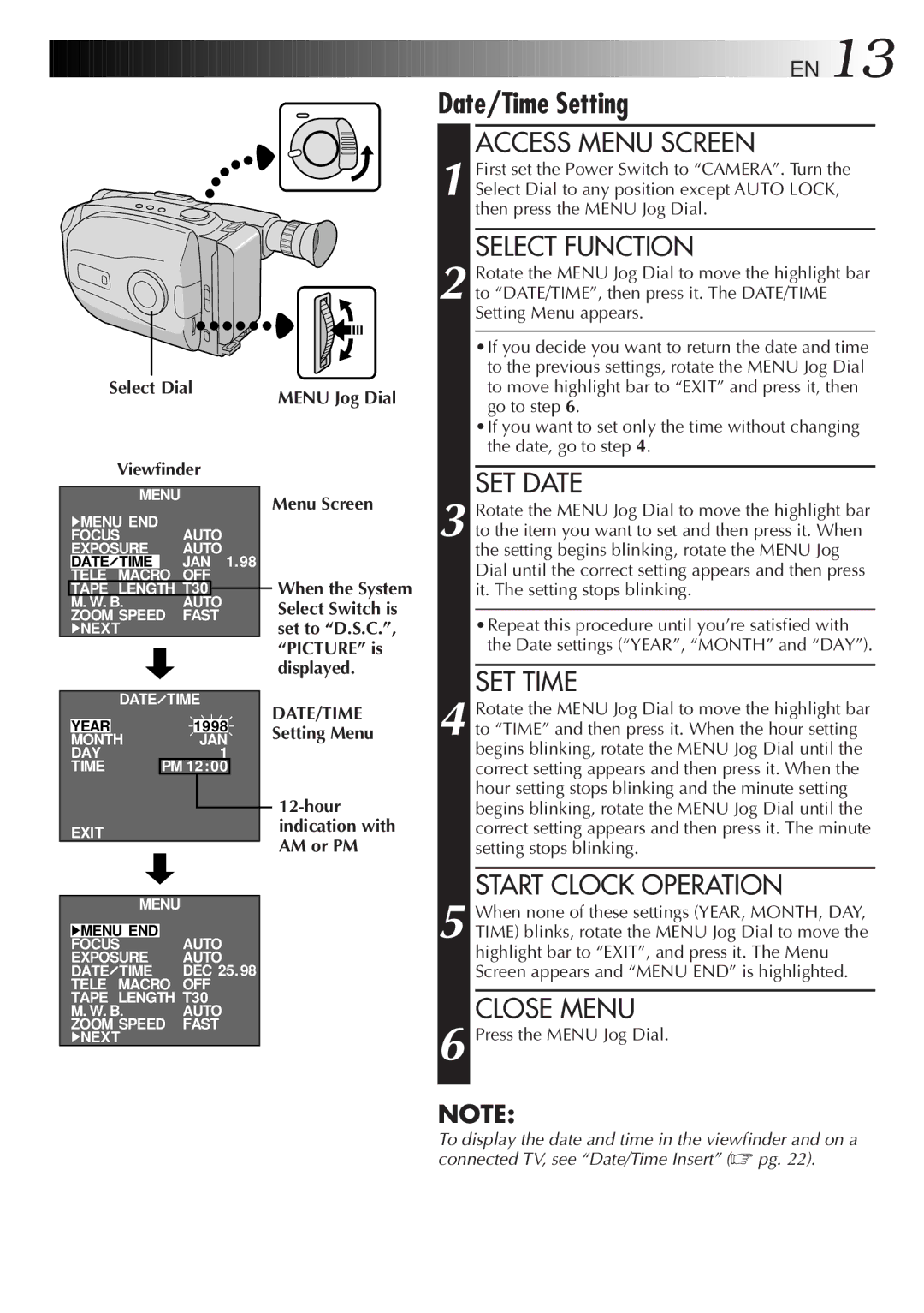 JVC LYT0108-001A, GR-AX999UM manual Select Dial Viewfinder, Menu Jog Dial Menu Screen, Date/Time, Setting Menu 