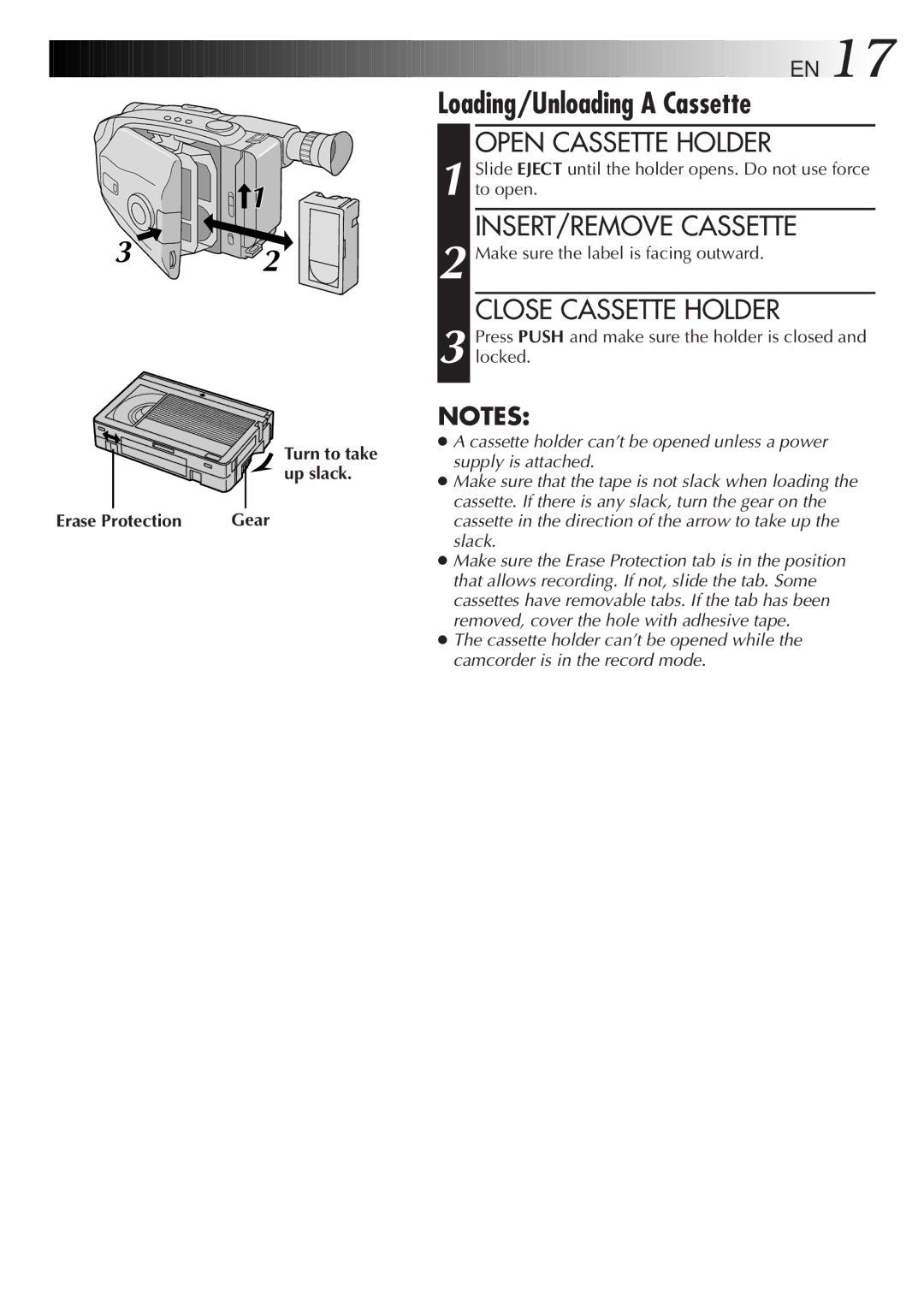 JVC LYT0108-001A manual Loading/Unloading a Cassette, Open Cassette Holder, INSERT/REMOVE Cassette, Close Cassette Holder 