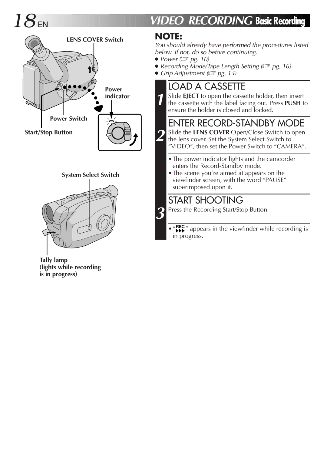 JVC GR-AX999UM manual Basic Recording, Load a Cassette, Enter RECORD-STANDBY Mode, Start Shooting, Lens Cover Switch 