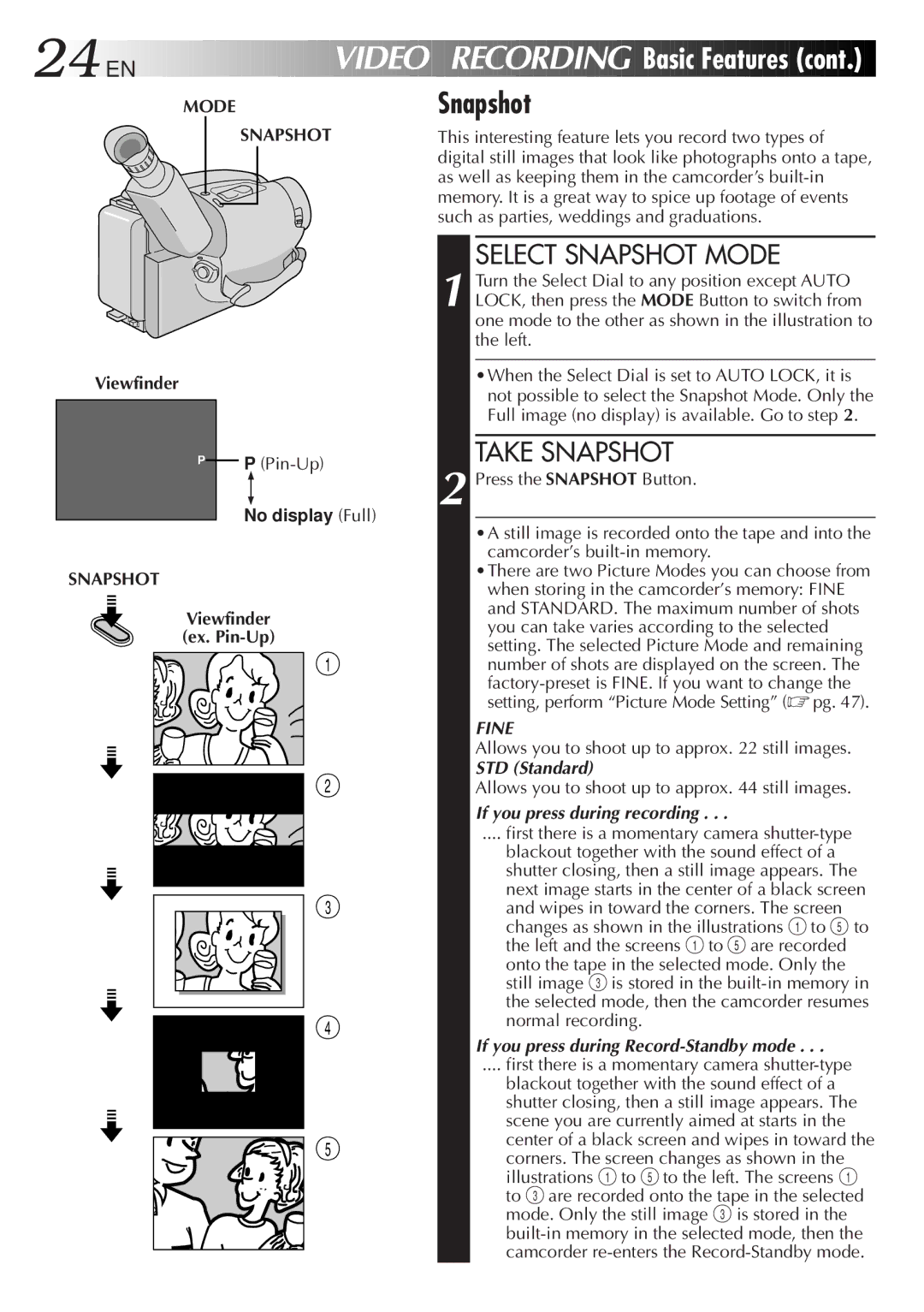 JVC GR-AX999UM, LYT0108-001A manual MODESnapshot, Select Snapshot Mode, Take Snapshot, Viewfinder Ex. Pin-Up 