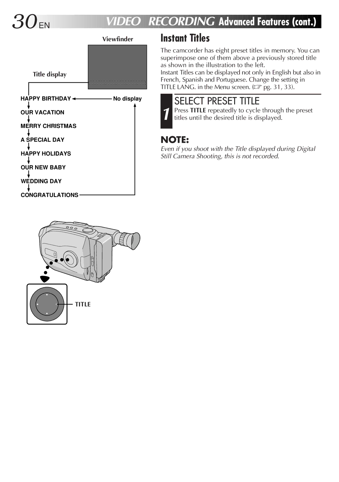 JVC GR-AX999UM, LYT0108-001A manual EN Video Recording, Instant Titles, Select Preset Title, Viewfinder Title display 