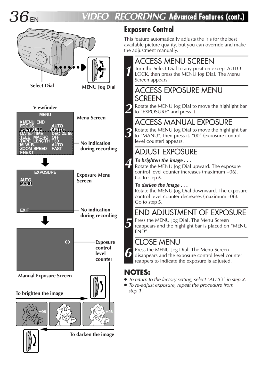 JVC GR-AX999UM, LYT0108-001A To brighten the image Menu Jog Dial Menu Screen, Exposure Menu Screen, To darken the image 