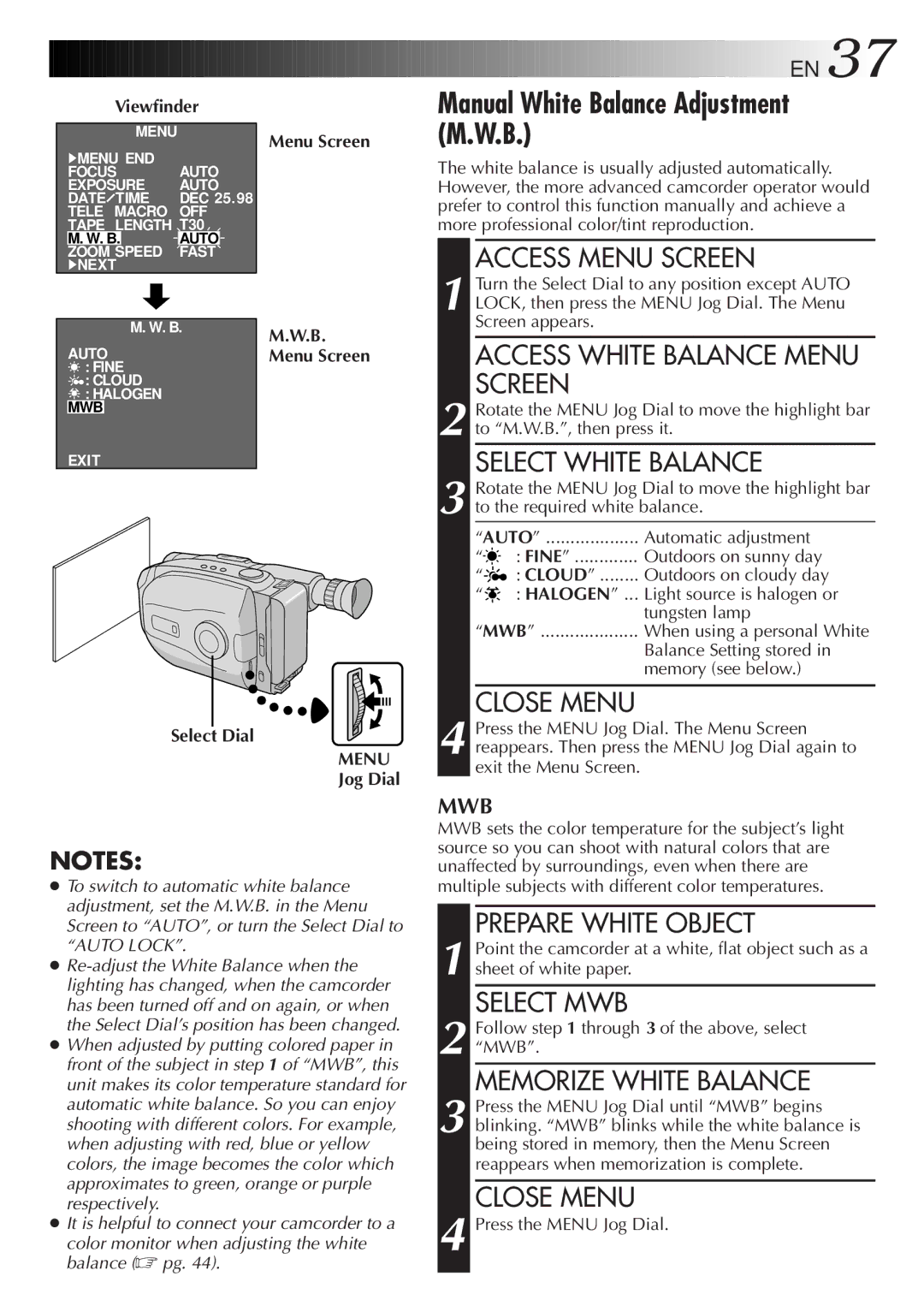 JVC LYT0108-001A, GR-AX999UM manual Manual White Balance Adjustment M.W.B 