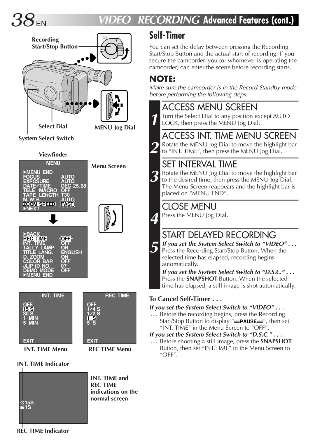 JVC GR-AX999UM, LYT0108-001A manual INT. Time Menu INT. Time Indicator, REC Time Menu INT. Time, REC Time Indicator 