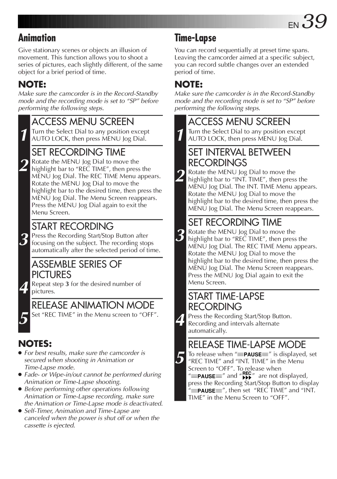 JVC LYT0108-001A, GR-AX999UM manual Time-Lapse, Release Animation Mode, SET Interval Between Recordings, SET Recording Time 