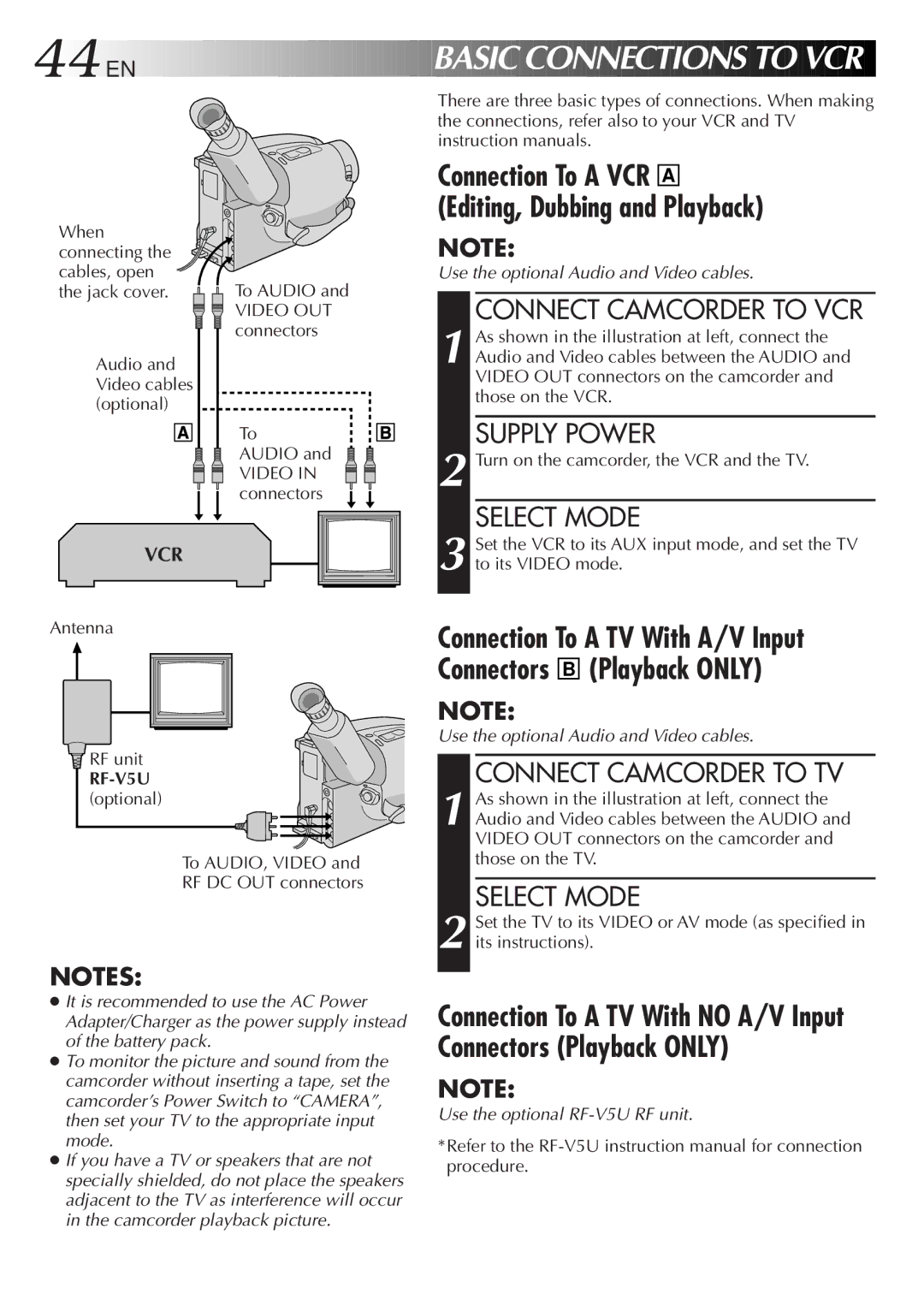 JVC GR-AX999UM, LYT0108-001A manual Connect Camcorder to VCR, Connect Camcorder to TV, RF-V5U 