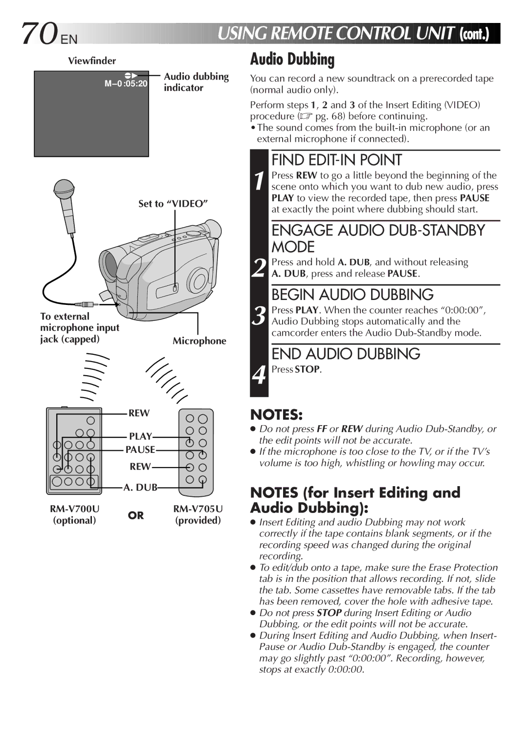 JVC GR-AX999UM, LYT0108-001A manual Set to Video To external Microphone input Jack capped, REW Play Pause DUB 