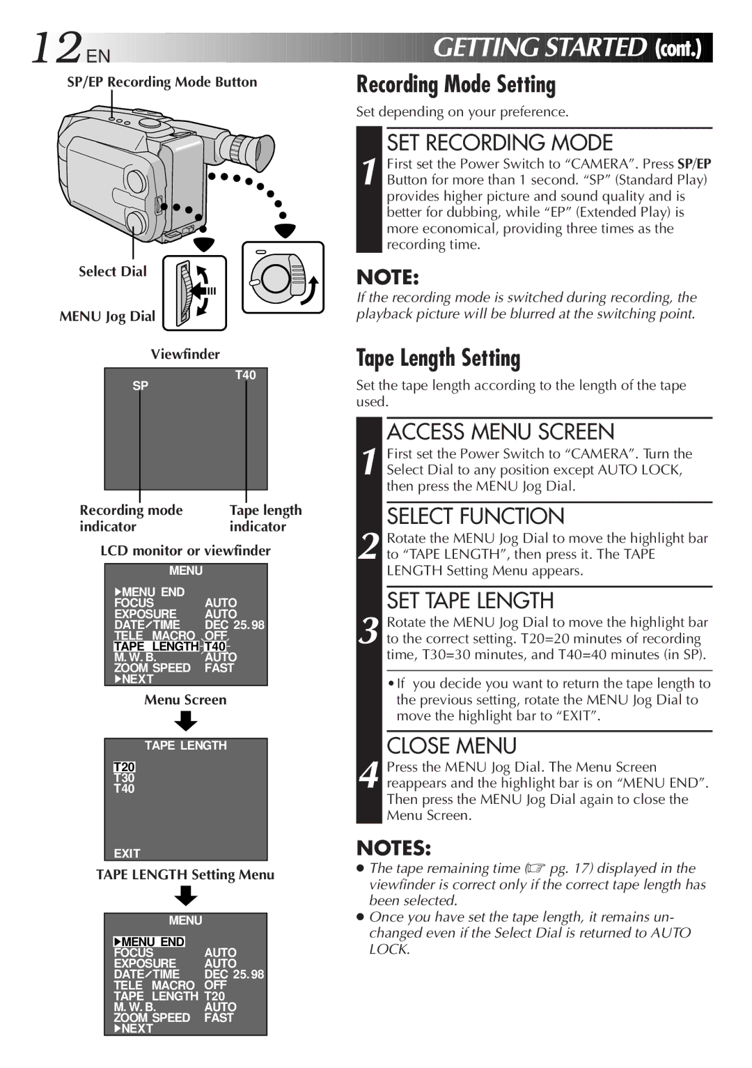 JVC GR-AXM100 manual Recording Mode Setting, Tape Length Setting 