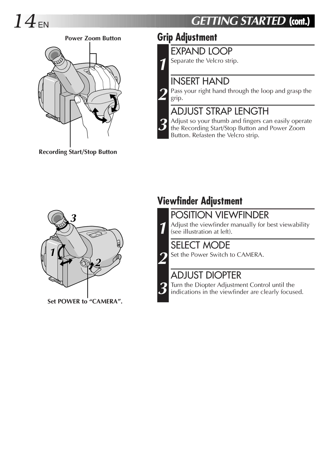 JVC GR-AXM100 manual Grip Adjustment, Viewfinder Adjustment 