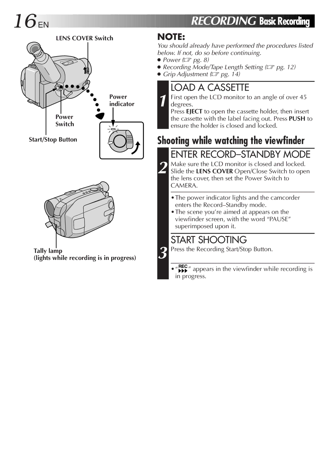 JVC GR-AXM100 manual Basic Recording, Load a Cassette, Enter RECORD-STANDBY Mode, Start Shooting 