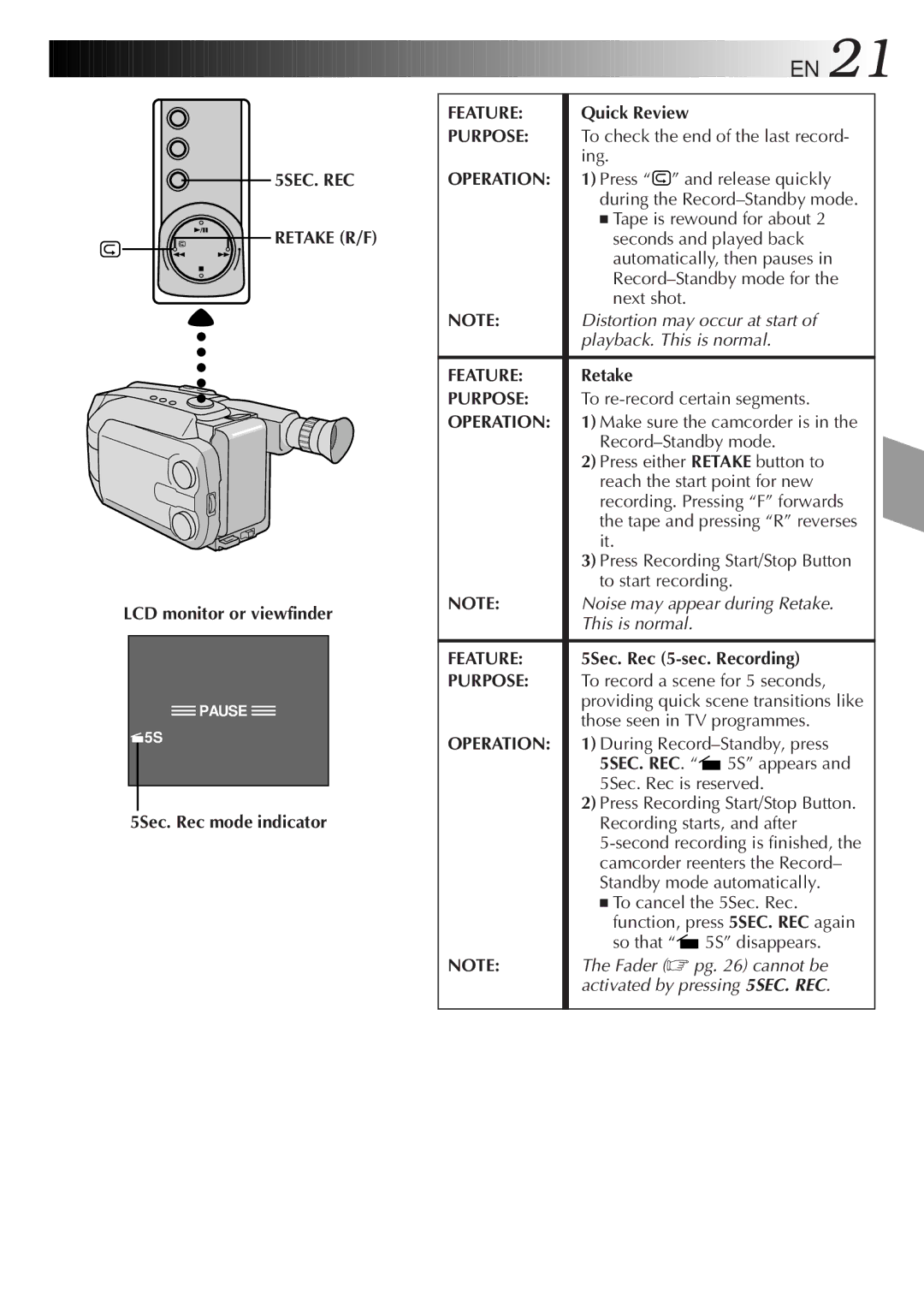 JVC GR-AXM100 manual 5SEC. REC Retake R/F, Feature 