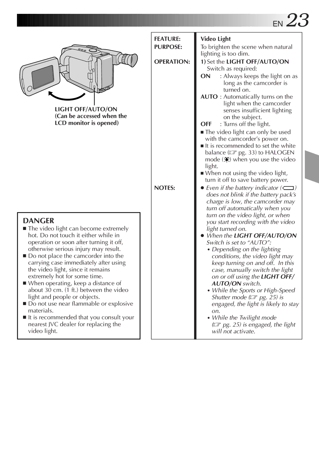 JVC GR-AXM100 manual Video Light, To brighten the scene when natural lighting is too dim, Mode when you use the video light 